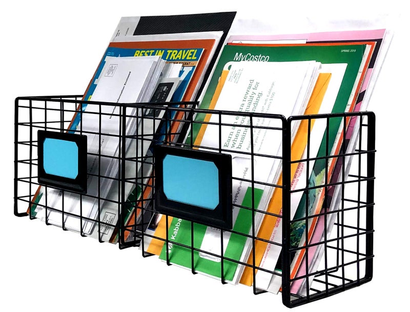 Lenotion 2-Slot Home Office Desk Organizer - Wall Mount Magazine Holder - Metal Mail Basket - Black - Image 1